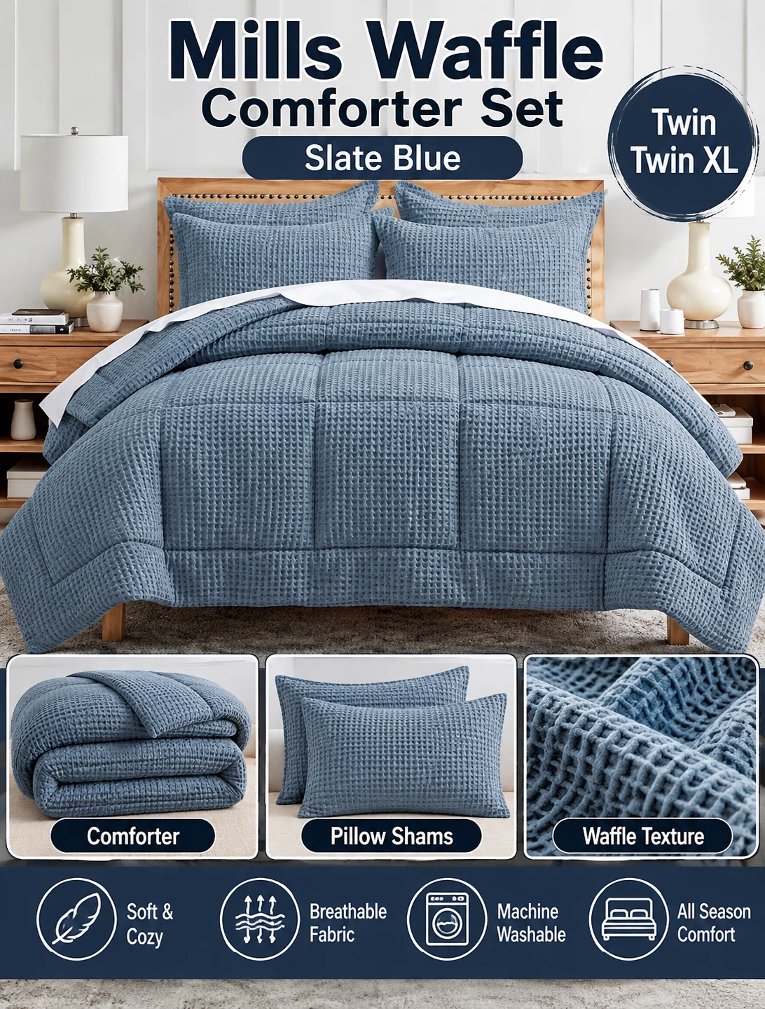 Mills Waffle Comforter Set Slate Blue Twin/Twin XL
