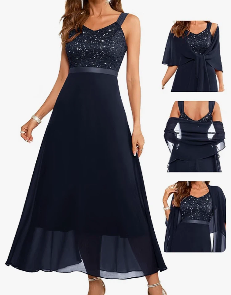 Two-Piece Navy Formal Dress with Shawl