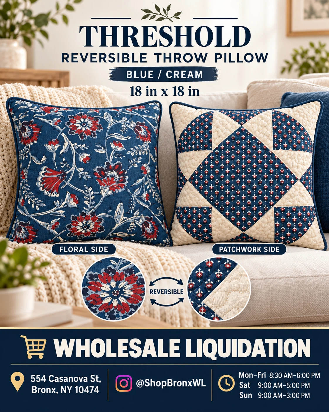 Threshold Reversible Throw Pillow Blue/Cream