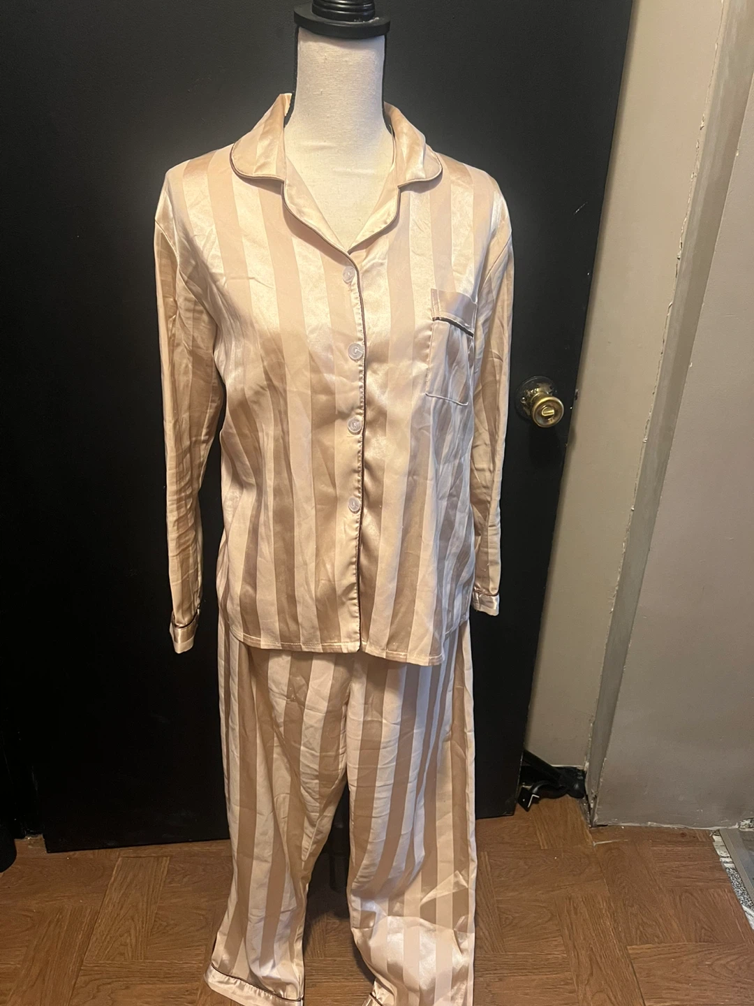 Champagne Striped Satin Pajama Set Size medium