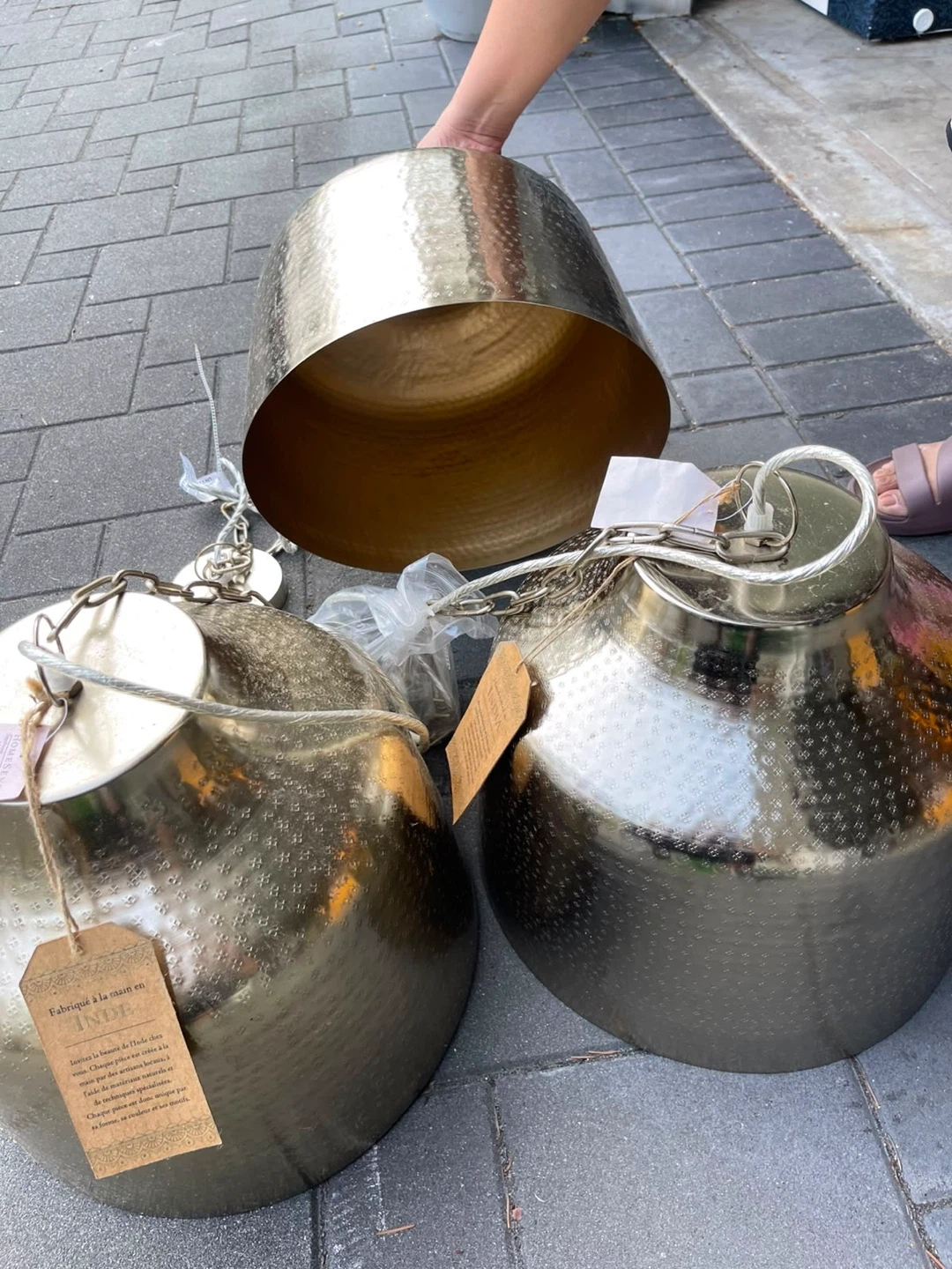 Set of 3 Hand-Hammered Gold Metal Pendant Lights - photo 5
