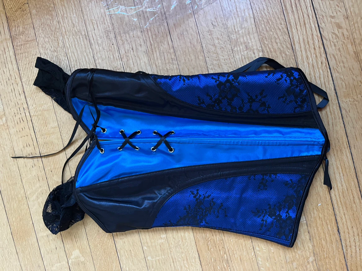 Blue and black lace corset with straps