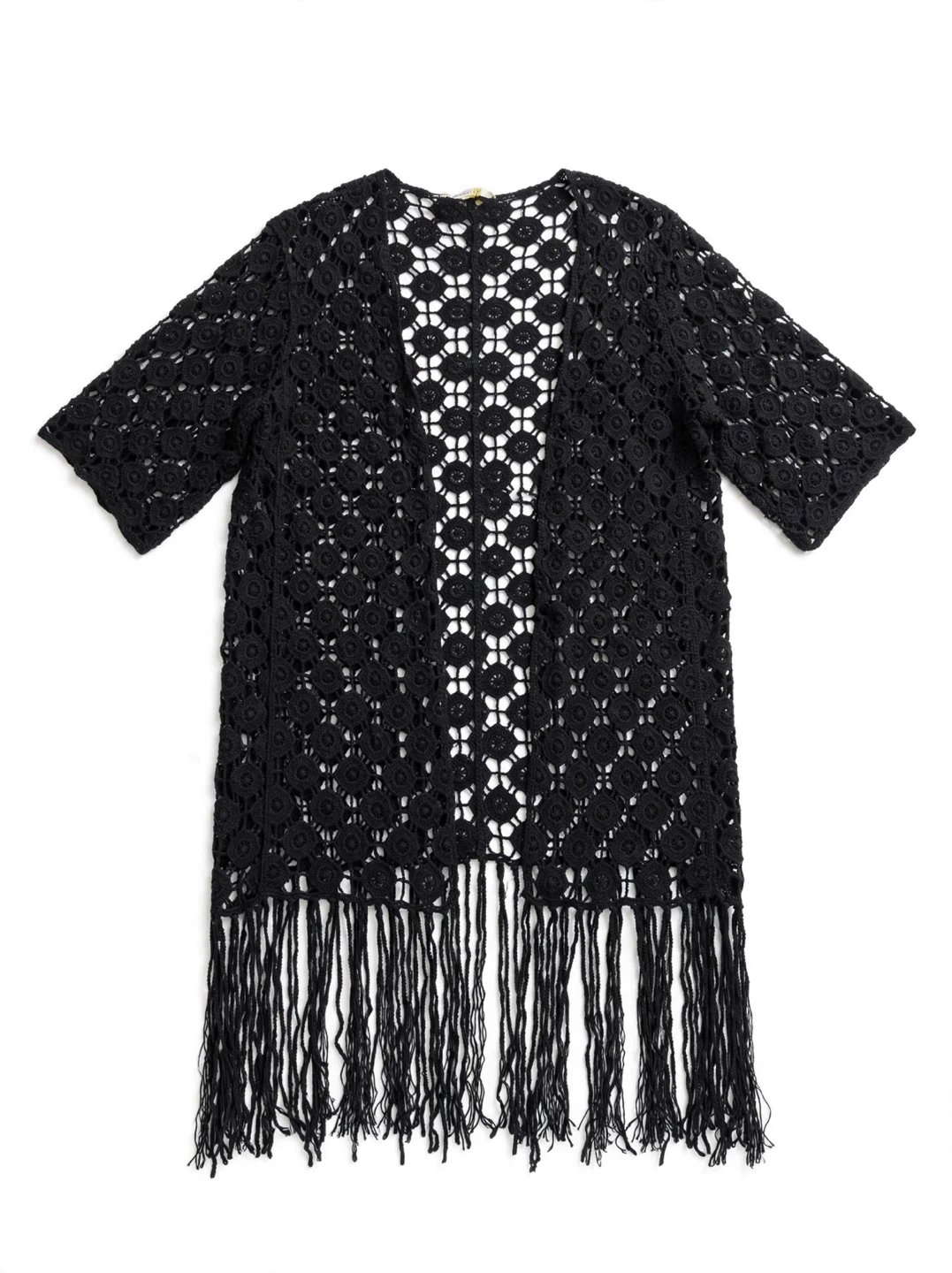 Black Crochet Fringed Kimono