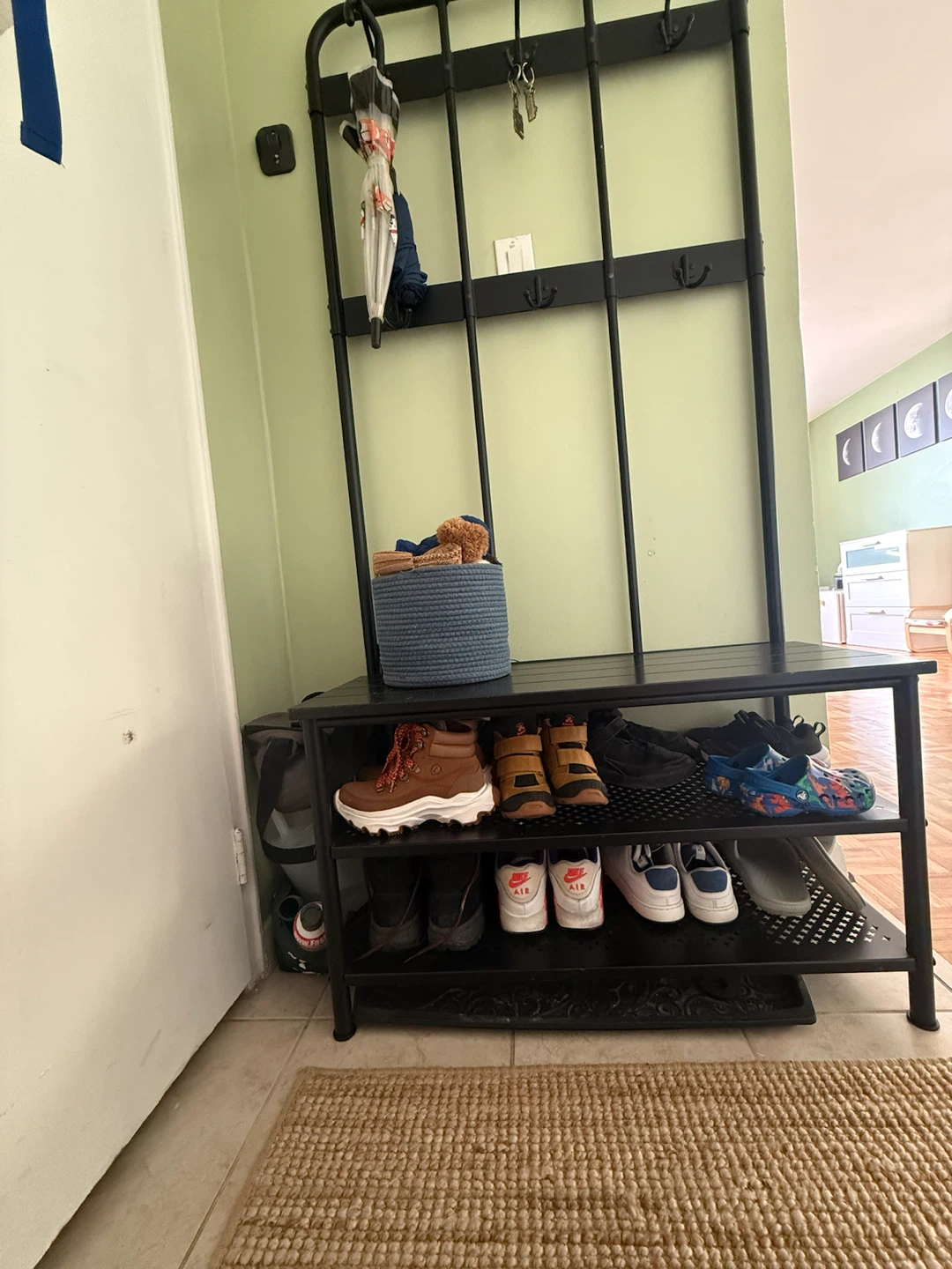 Black Metal Hallway Coat Rack with Shoe Bench - photo 2