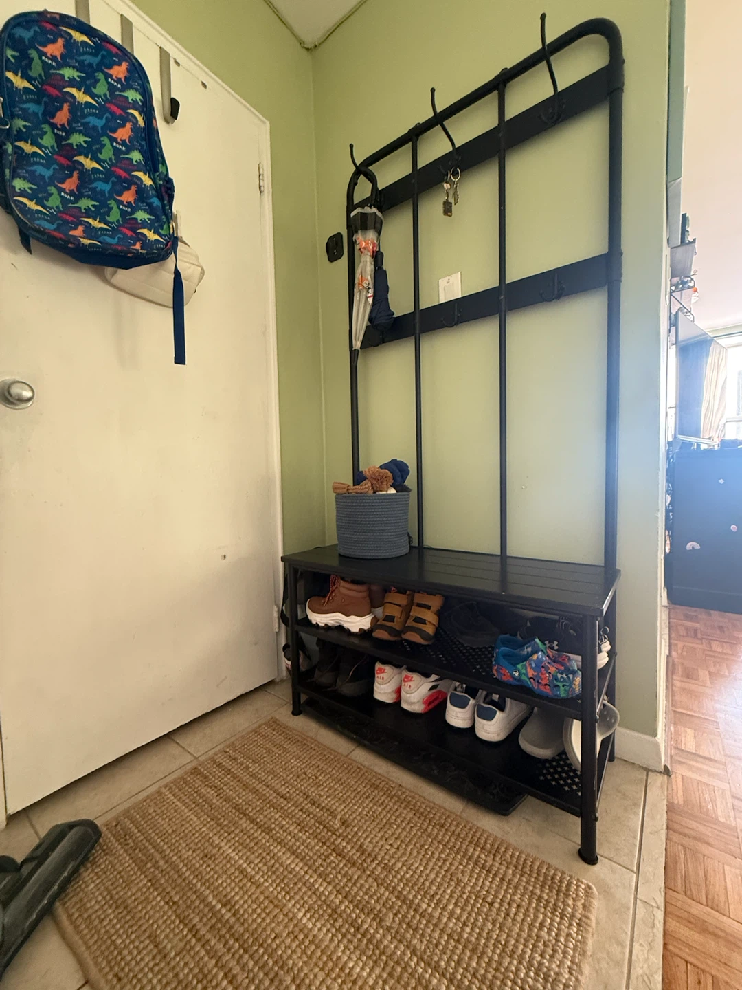 Black Metal Hallway Coat Rack with Shoe Bench - photo 3