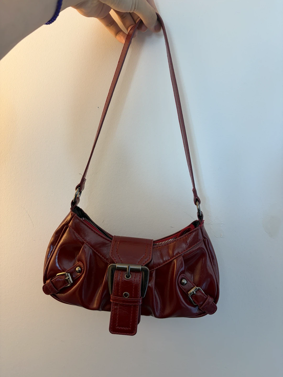Red Faux Leather Buckle Shoulder Bag