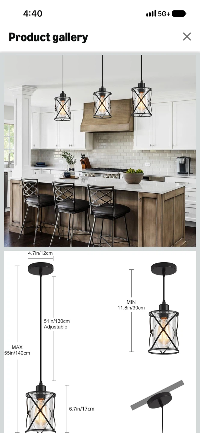 Set of 3 Black Metal and Glass Pendant Lights - photo 2