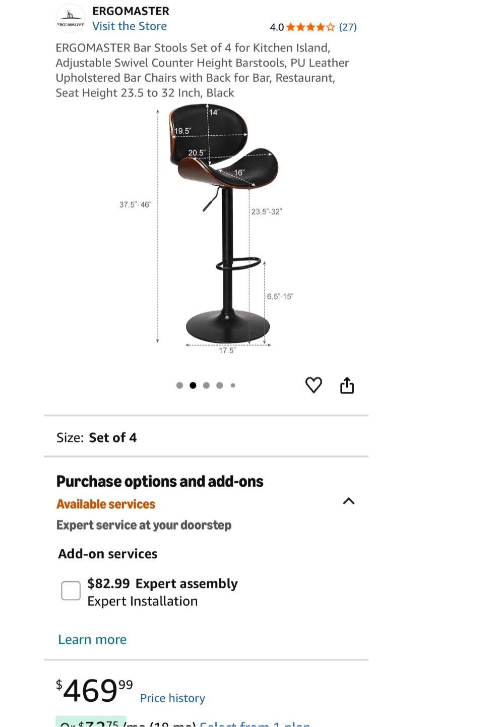 Ergomaster Adjustable Swivel Bar Stools, Set of 4 - photo 3