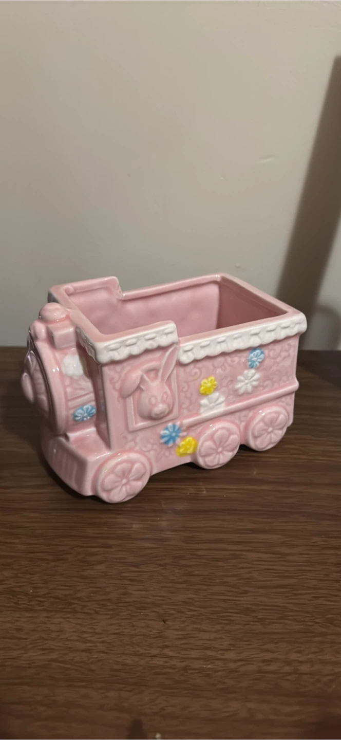 Vintage Ceramic Pink Train Easter Planter