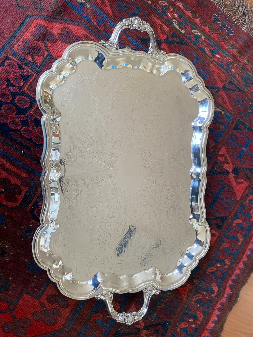 Silver Plated Serving Tray with Ornate Handles