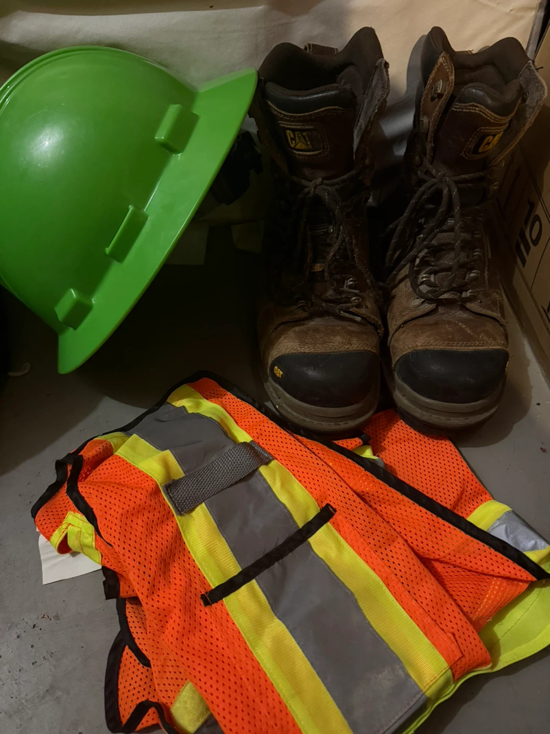 Caterpillar Work Boots with Hard Hat and Safety Vest