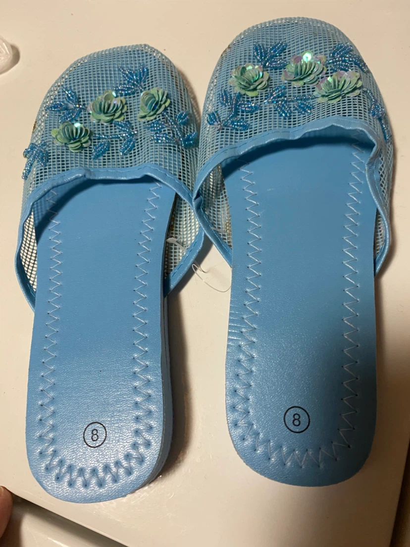 Light Blue Beaded Mesh Slippers