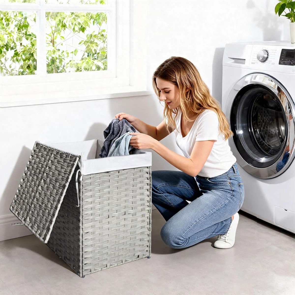 130L Grey Double Laundry Hamper with Lid - photo 4