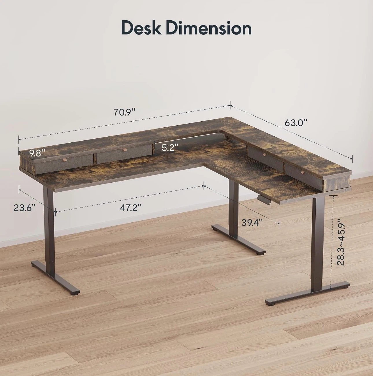 L-Shaped Corner Standing Desk with 4 Drawers
