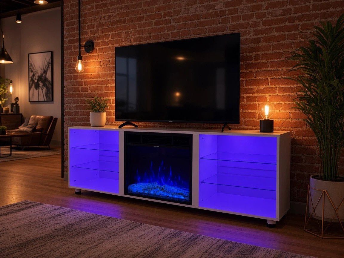 White Media Console with Electric Fireplace and LED Lights - photo 2