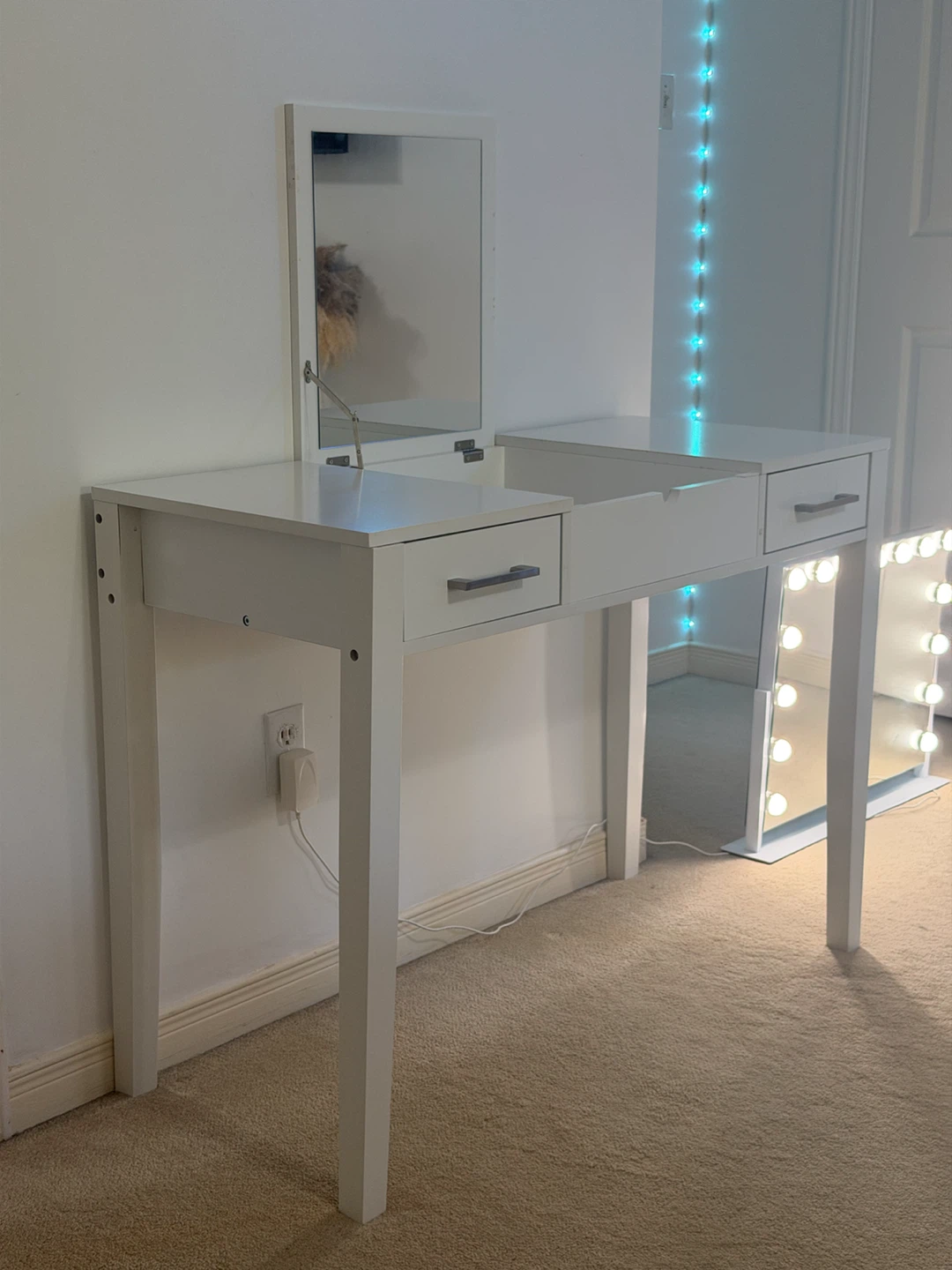 White Wade Logan Vanity Table with 2 Drawers & Fold-Up Mirror