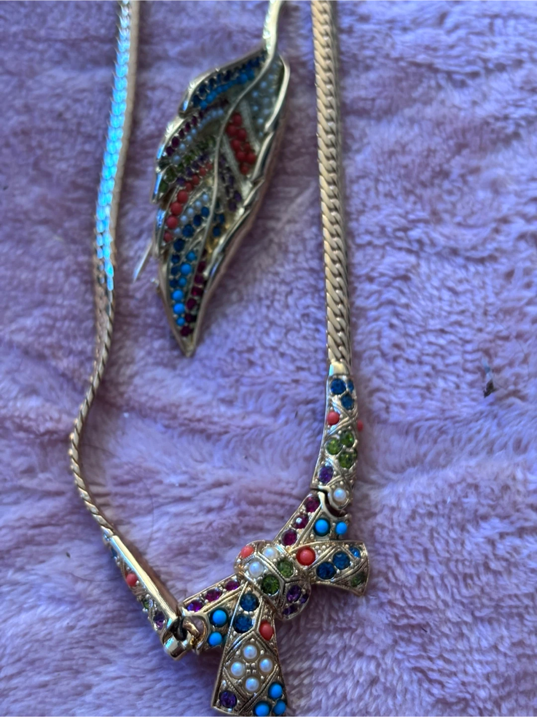 D'Orlan Rhinestone Bow Necklace and Leaf Brooch Set