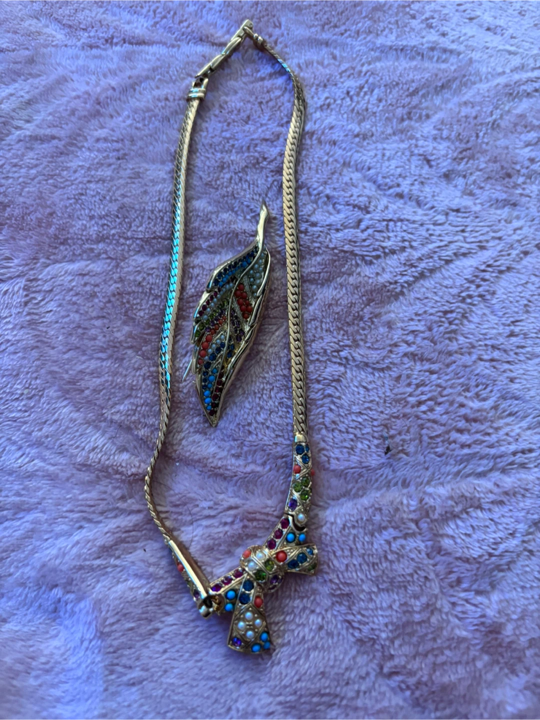 D'Orlan Rhinestone Bow Necklace and Leaf Brooch Set - photo 4
