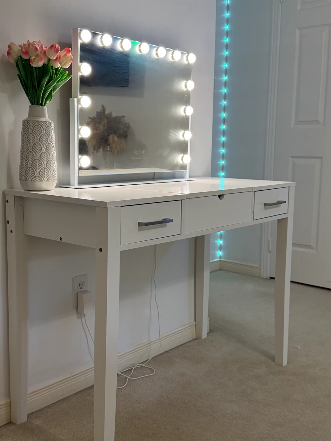 White Wade Logan Vanity Table with 2 Drawers & Fold-Up Mirror - photo 3