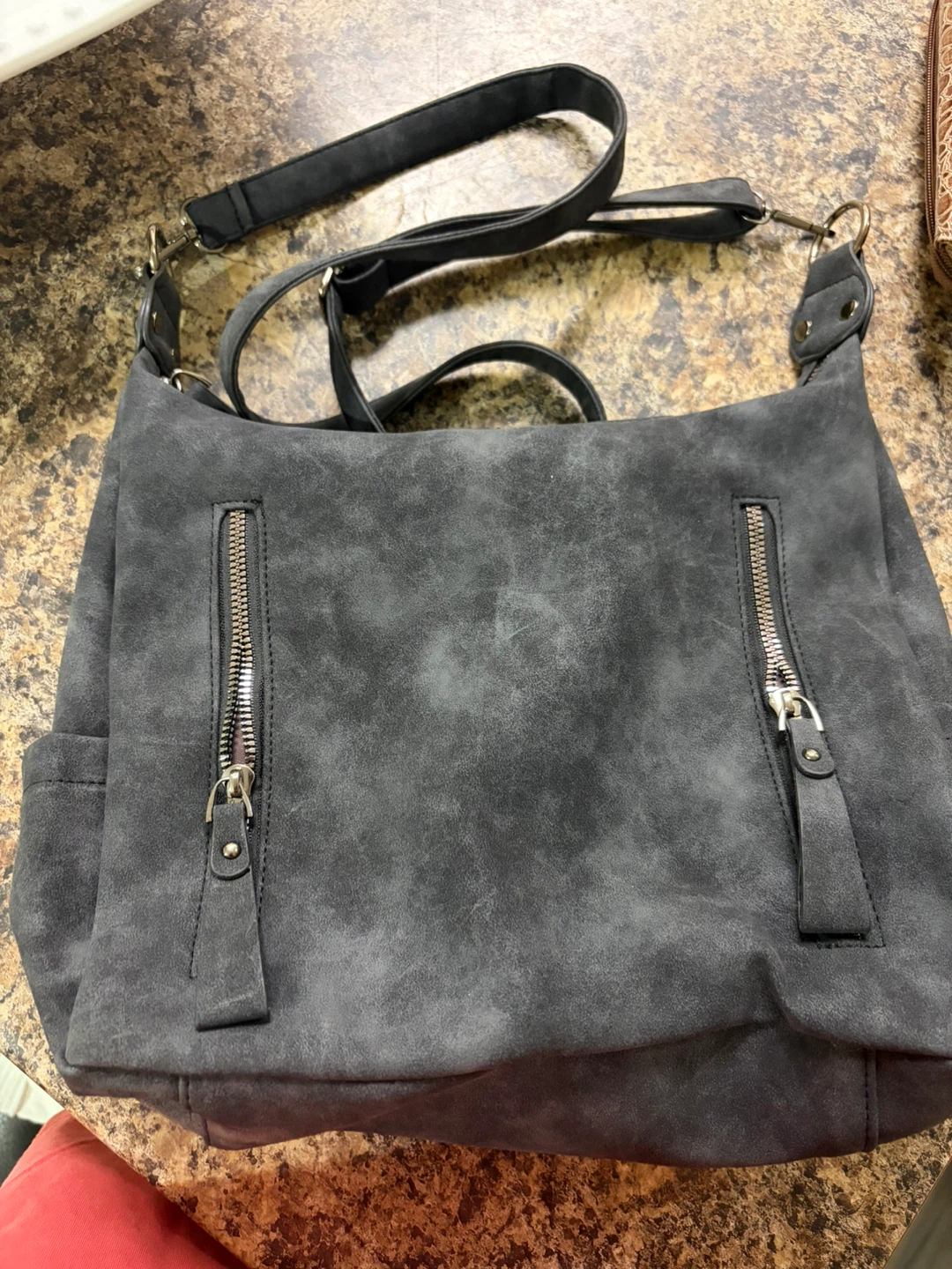 Dark Grey Suede-Look Shoulder Bag
