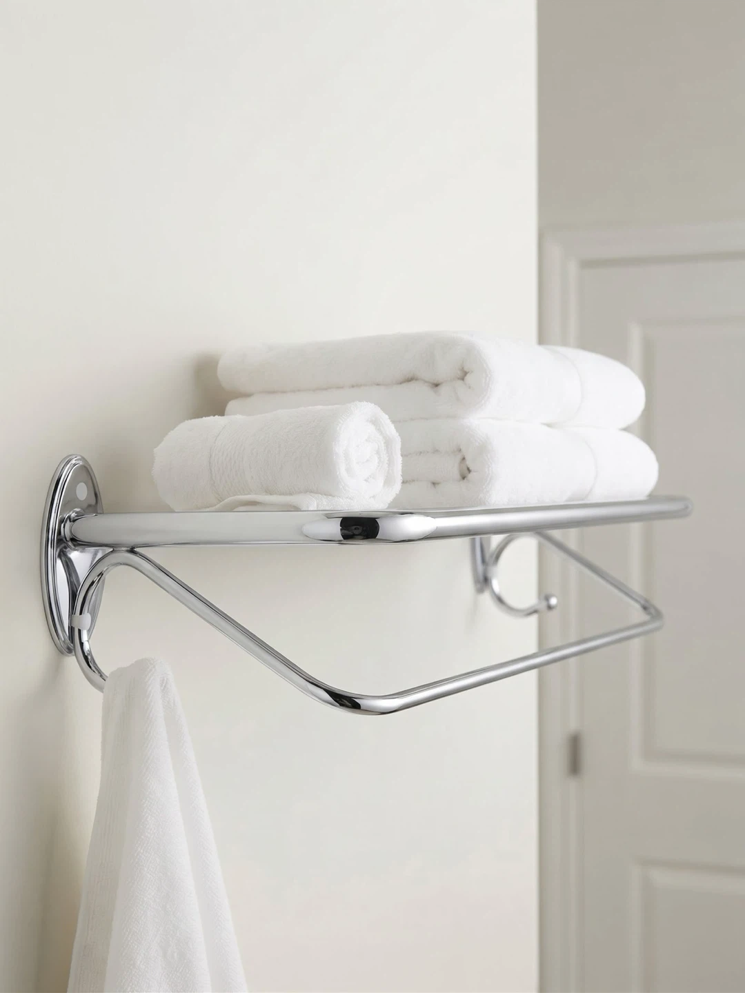 Heavy-Duty Polished Chrome Bathroom Towel Rack & Shelf w/Hooks