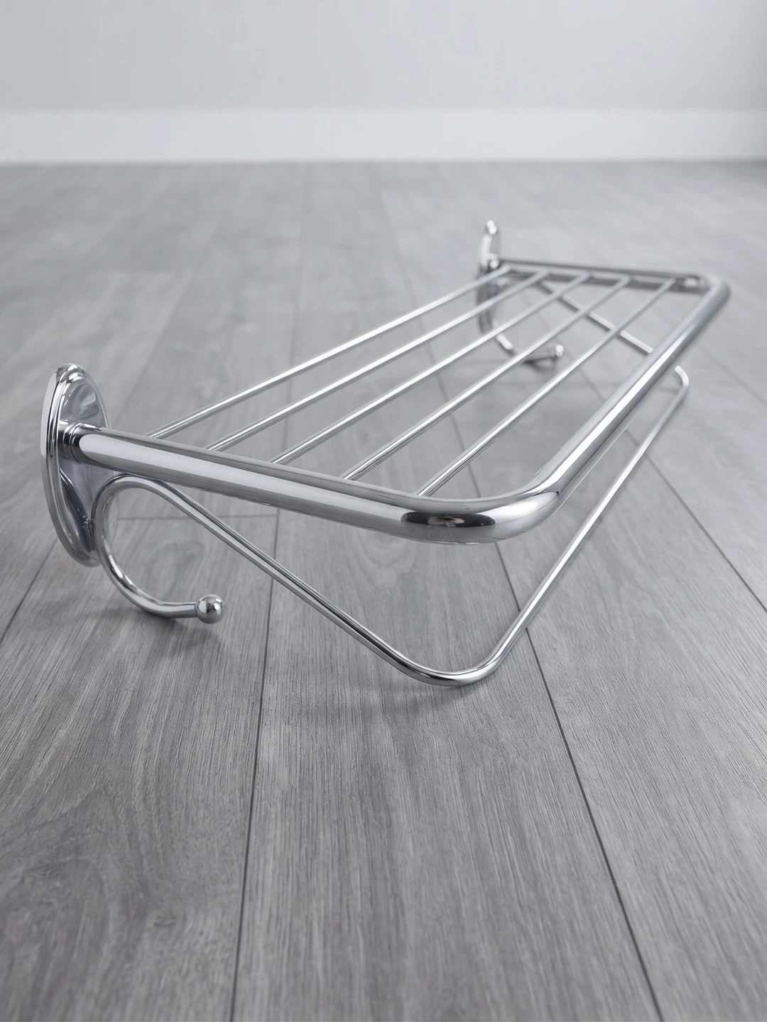 Heavy-Duty Polished Chrome Bathroom Towel Rack & Shelf w/Hooks - photo 2