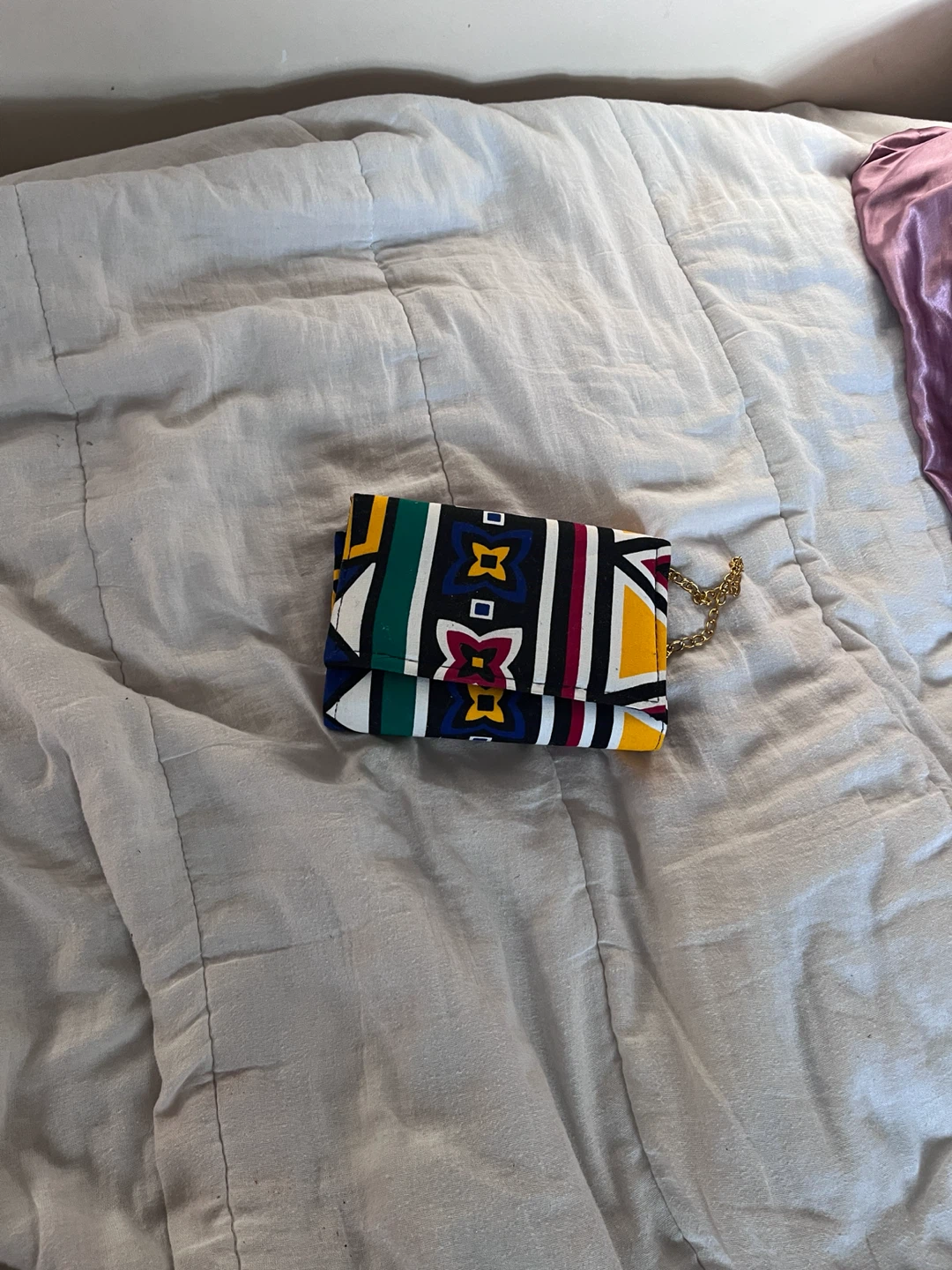 Geometric Print Clutch Bag with Gold Chain