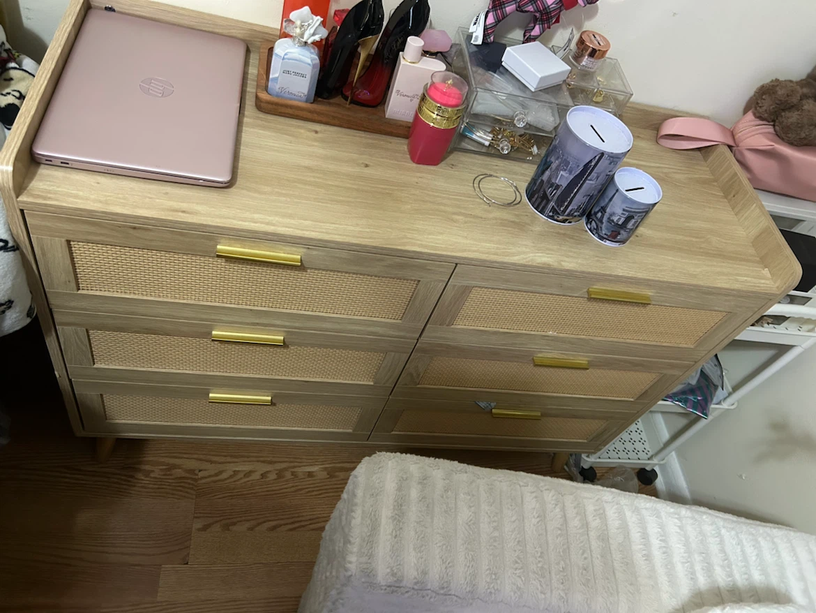 Light Oak and Rattan 6-Drawer Dresser