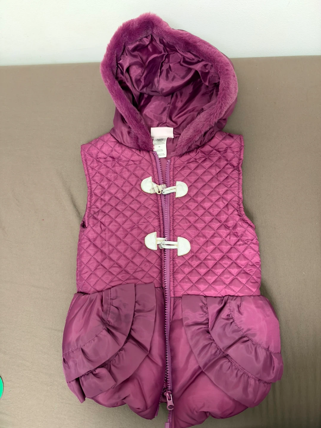Girls Quilted Faux Fur Hooded Vest Purple