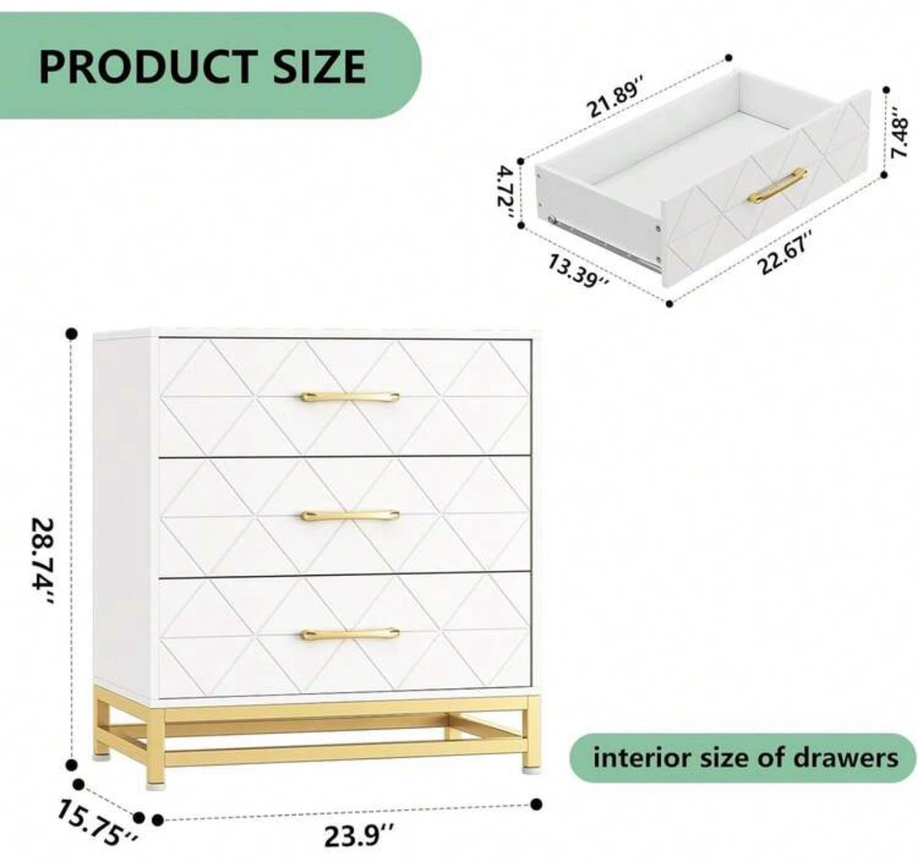 White and Gold 3-Drawer Chest
