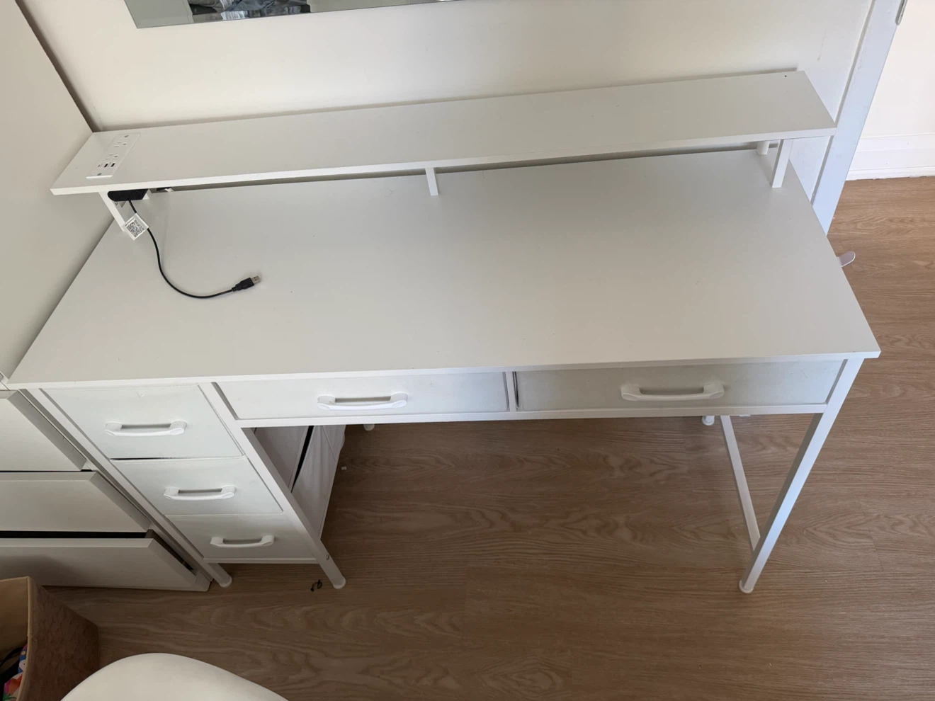 White Desk with Built-in Power Outlet and Drawers