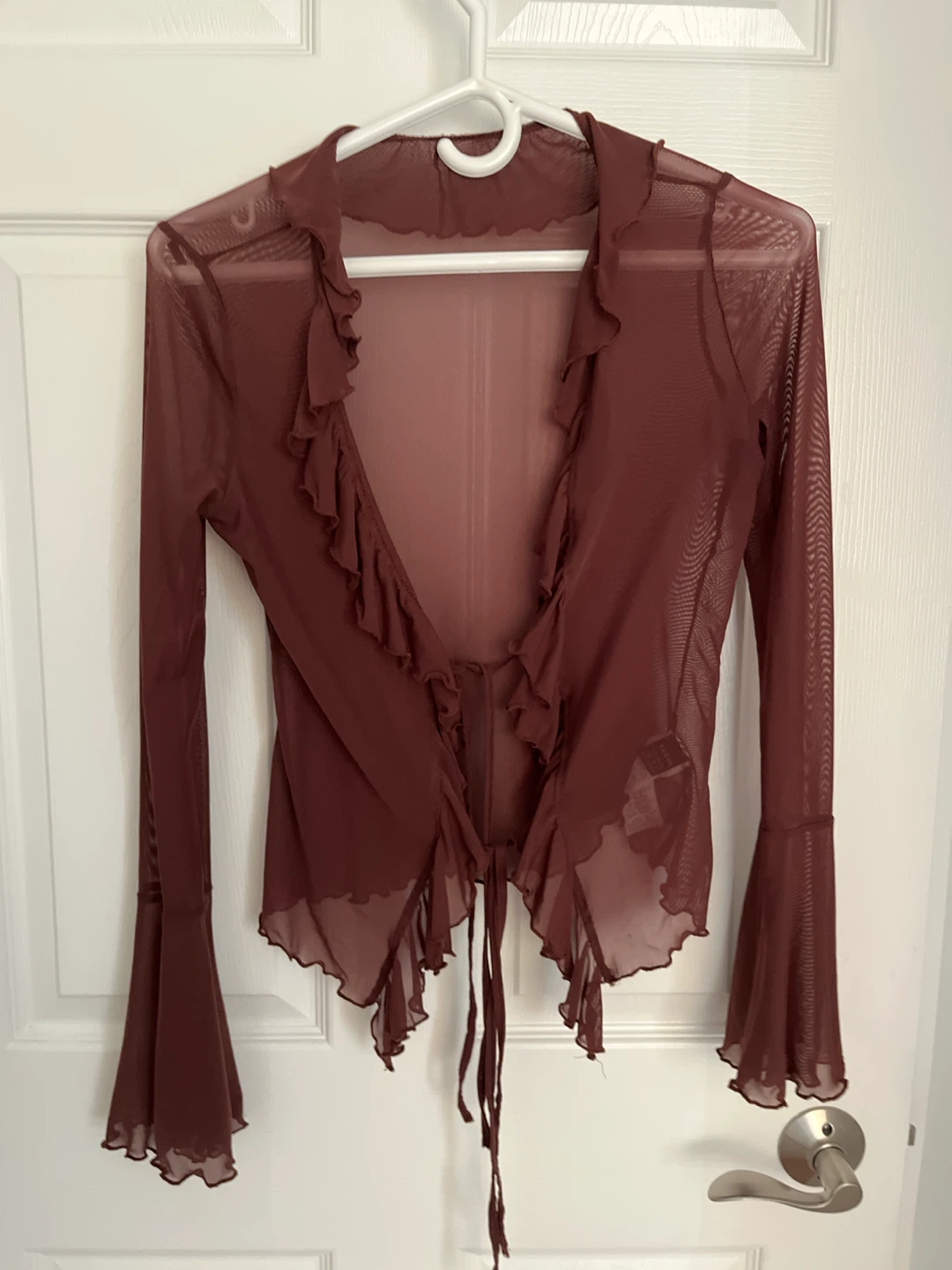 Burgundy Mesh Ruffle Tie-Front Cardigan