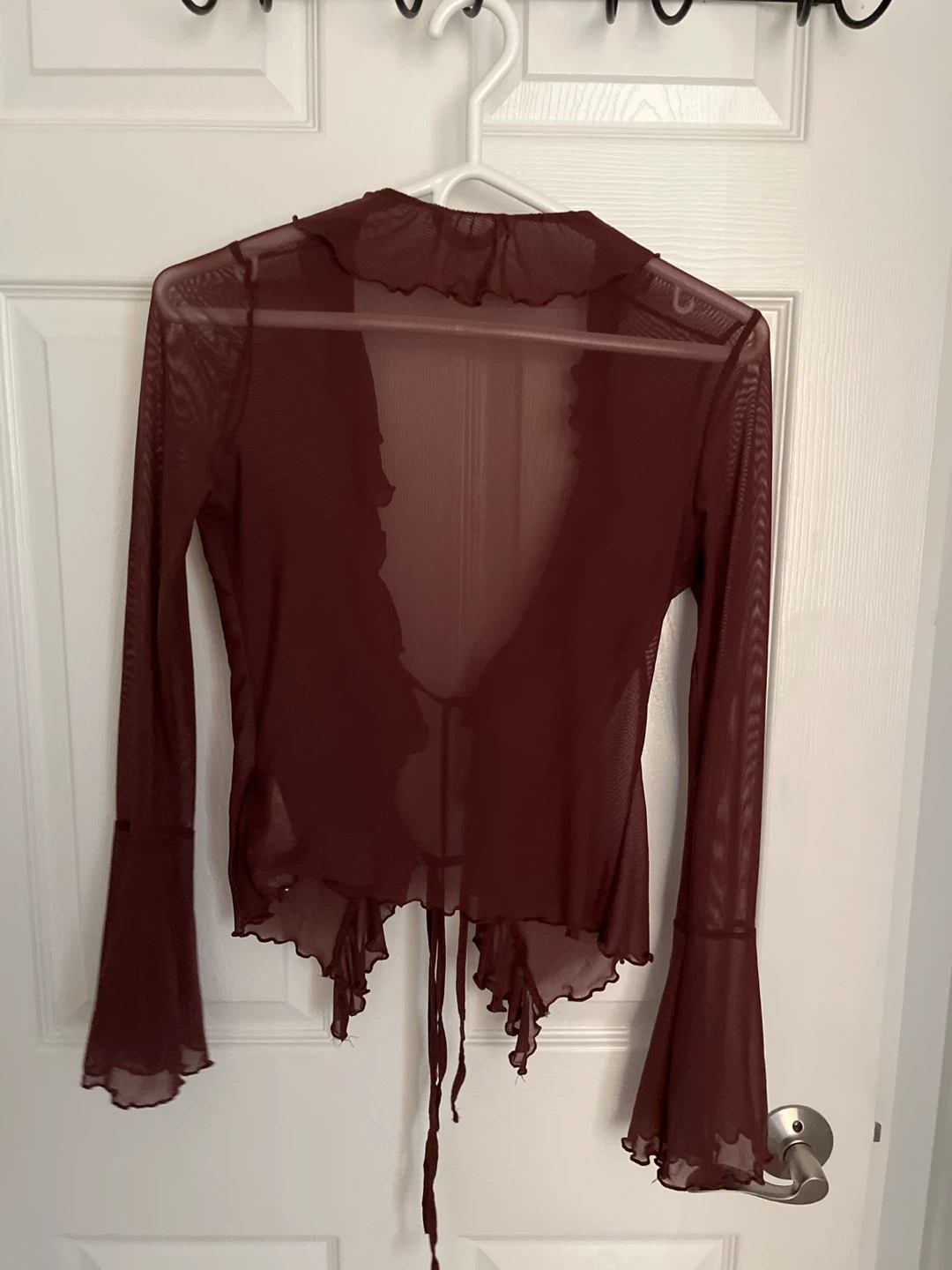 Burgundy Mesh Ruffle Tie-Front Cardigan - photo 2