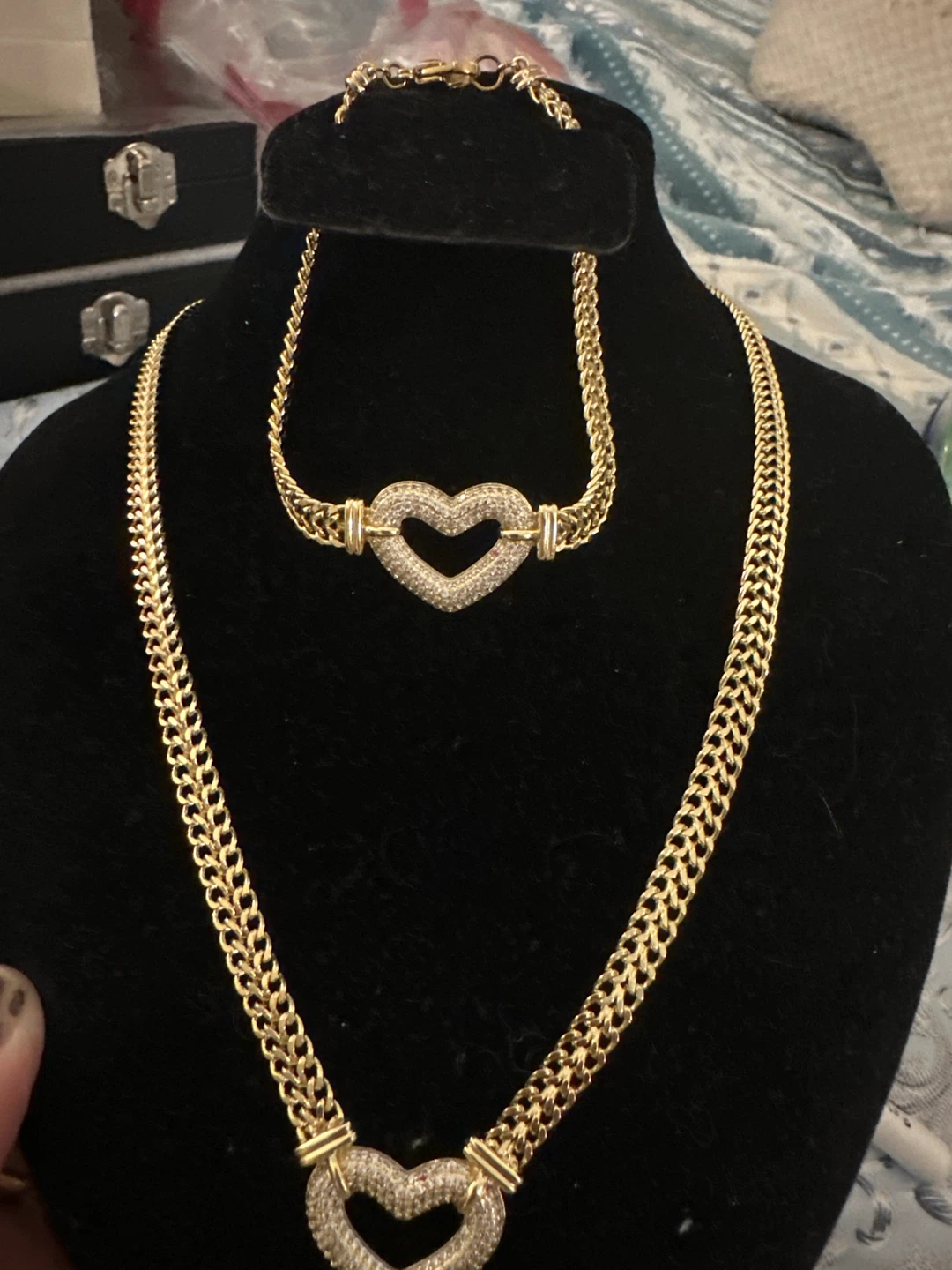14 k Gold-laminated Heart Pendant Necklace and Bracelet Set - photo 2