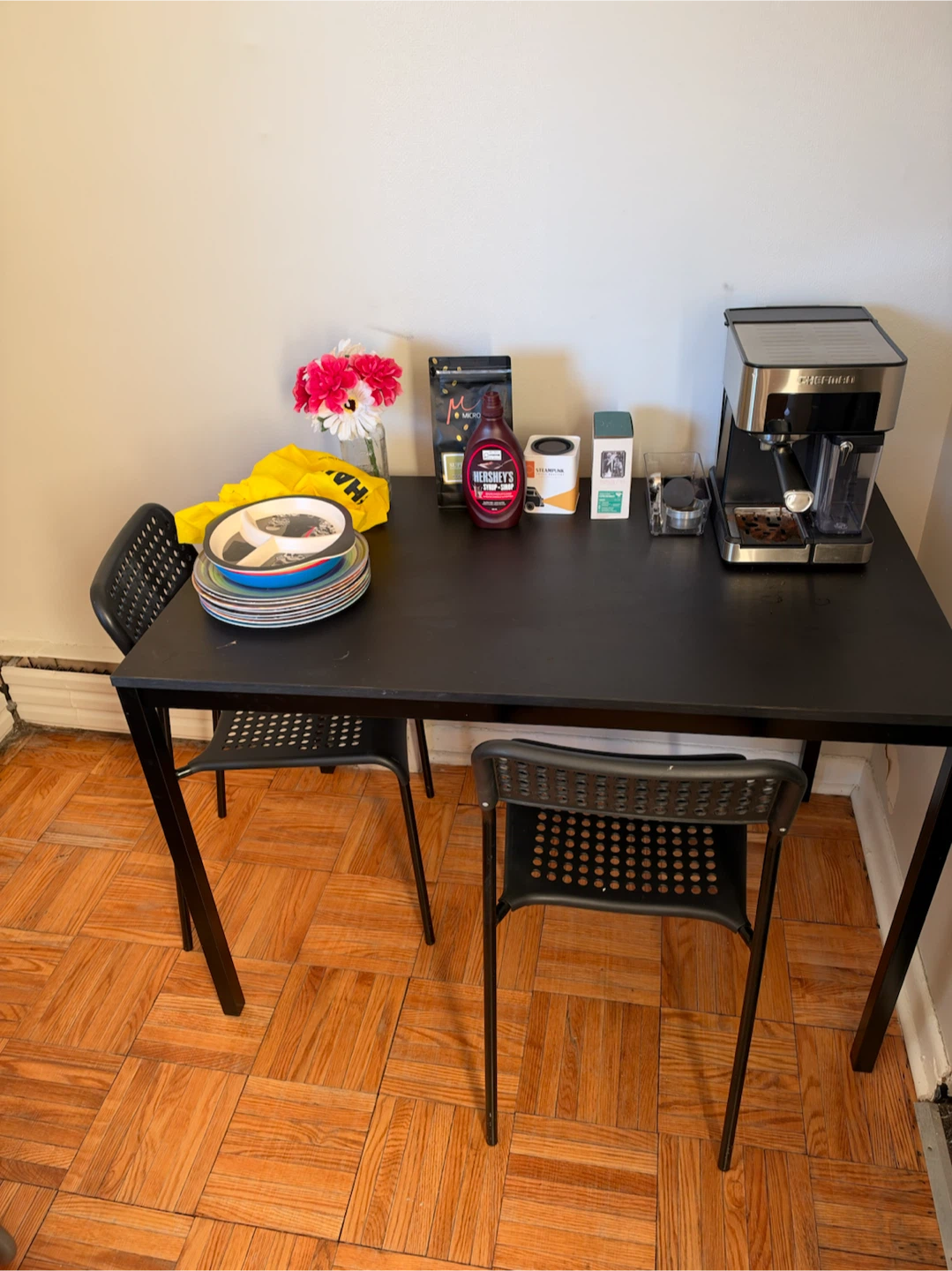 Black Dining Table with Two Chairs