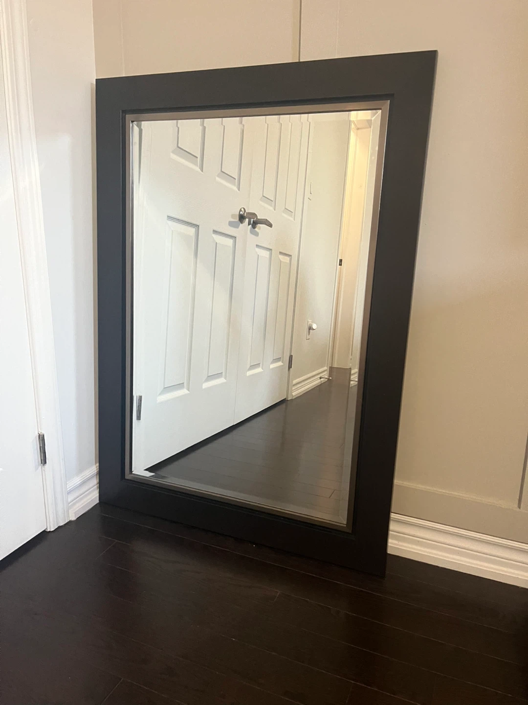 Large black framed mirror