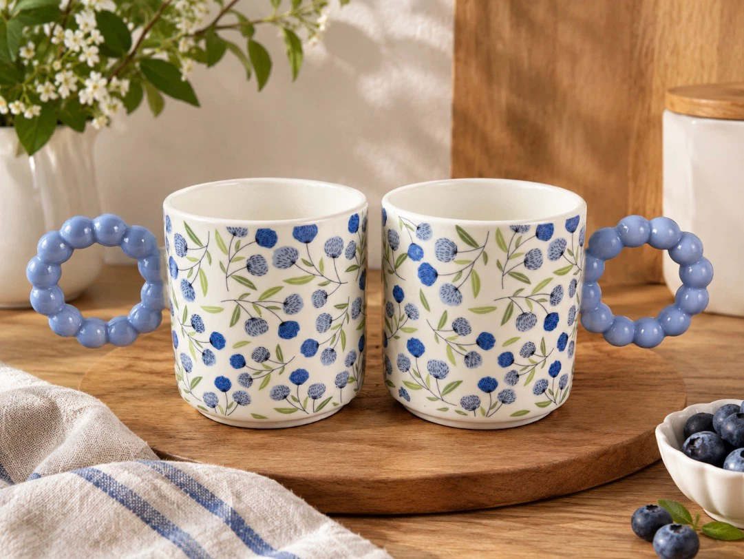 Two New Ceramic Mugs with Bubble Handles