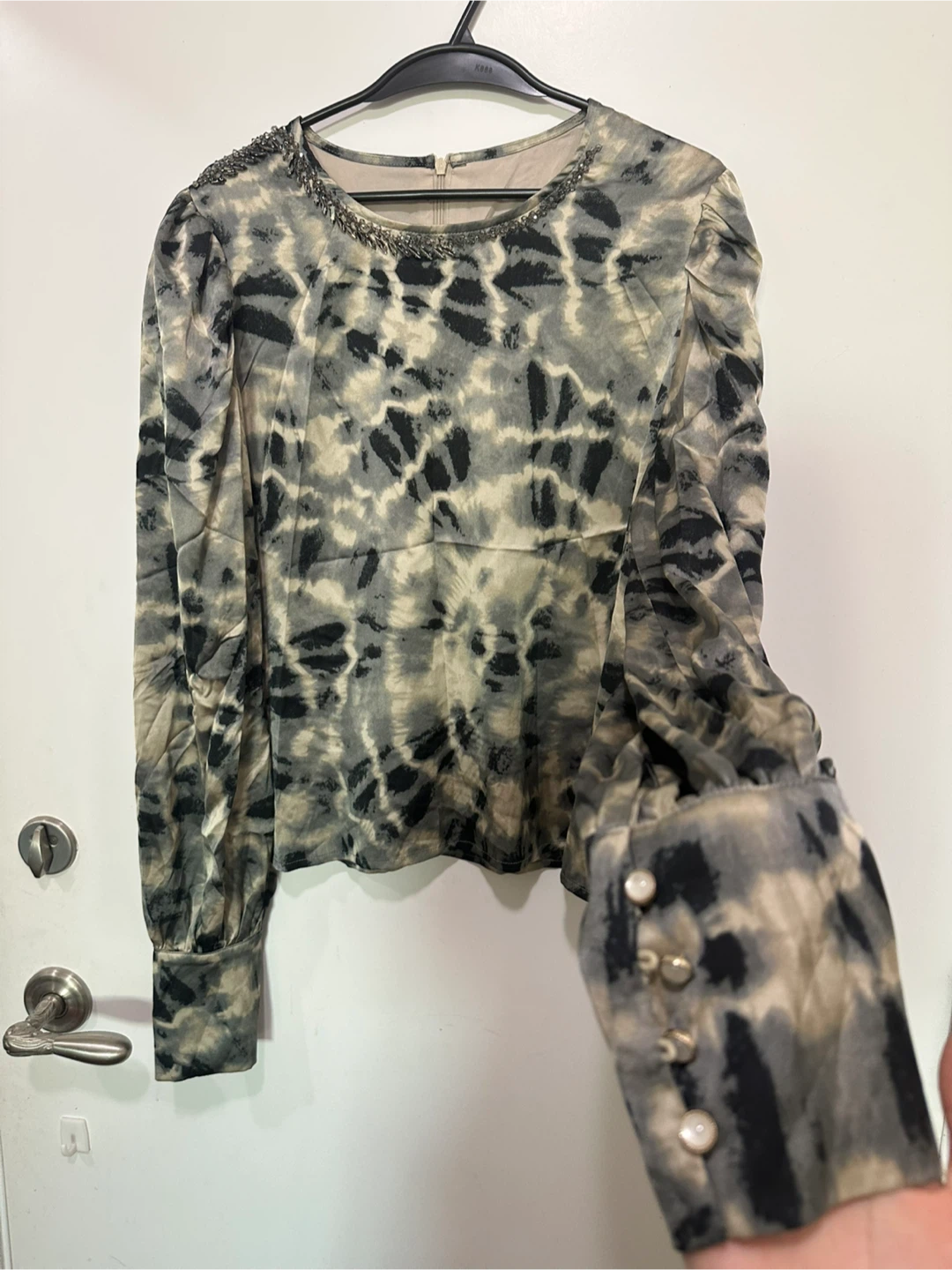 Tie-dye long sleeve blouse with beaded embellishment