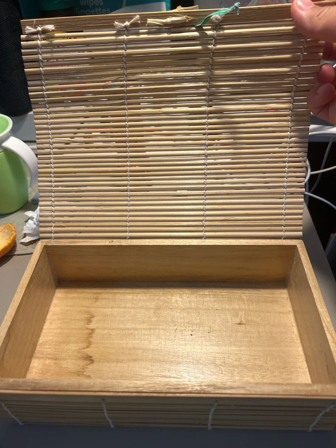 Bamboo storage box with roll-up lid