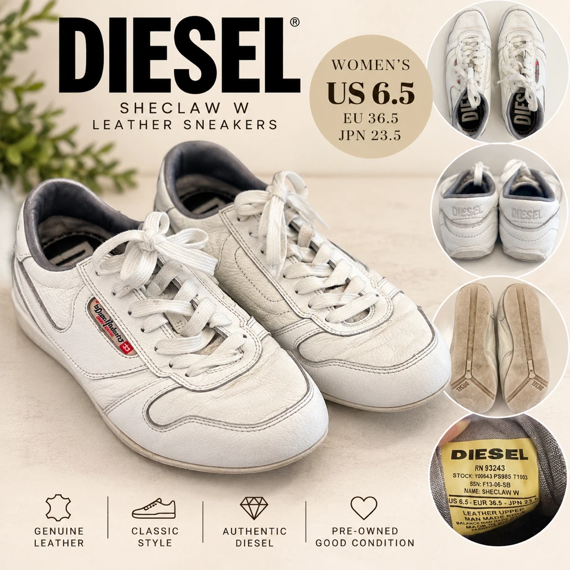 Vintage Diesel Sheclaw W White Leather Sneakers Women’s US 6.5