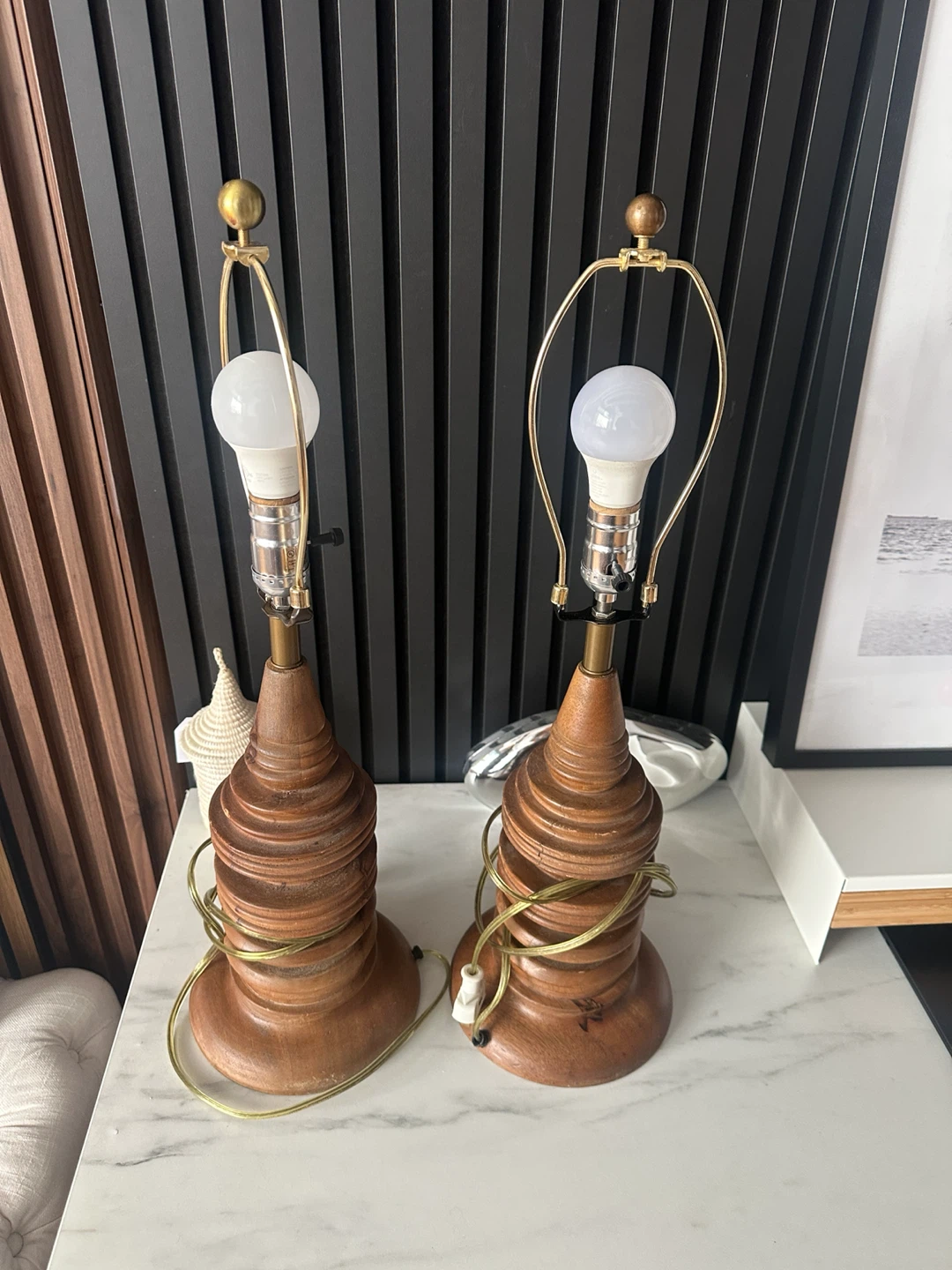 2 VINTAGE MCM BOHO CHIC STYLE TABLE LAMPS WOOD LIGHT - photo 3