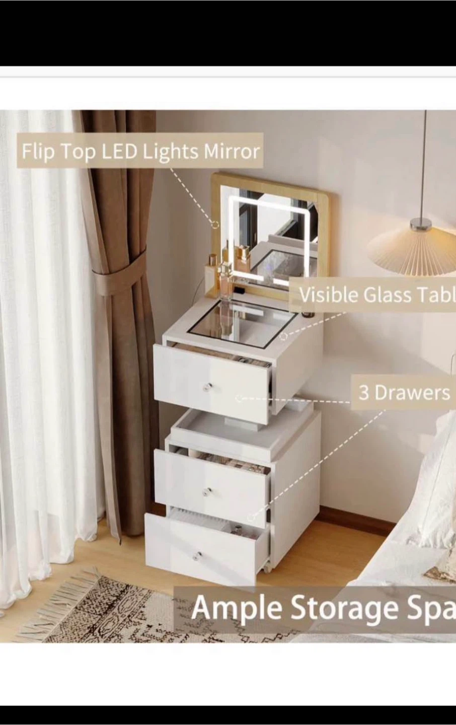 Rotating Dressing Table and Nightstand with LED Mirror