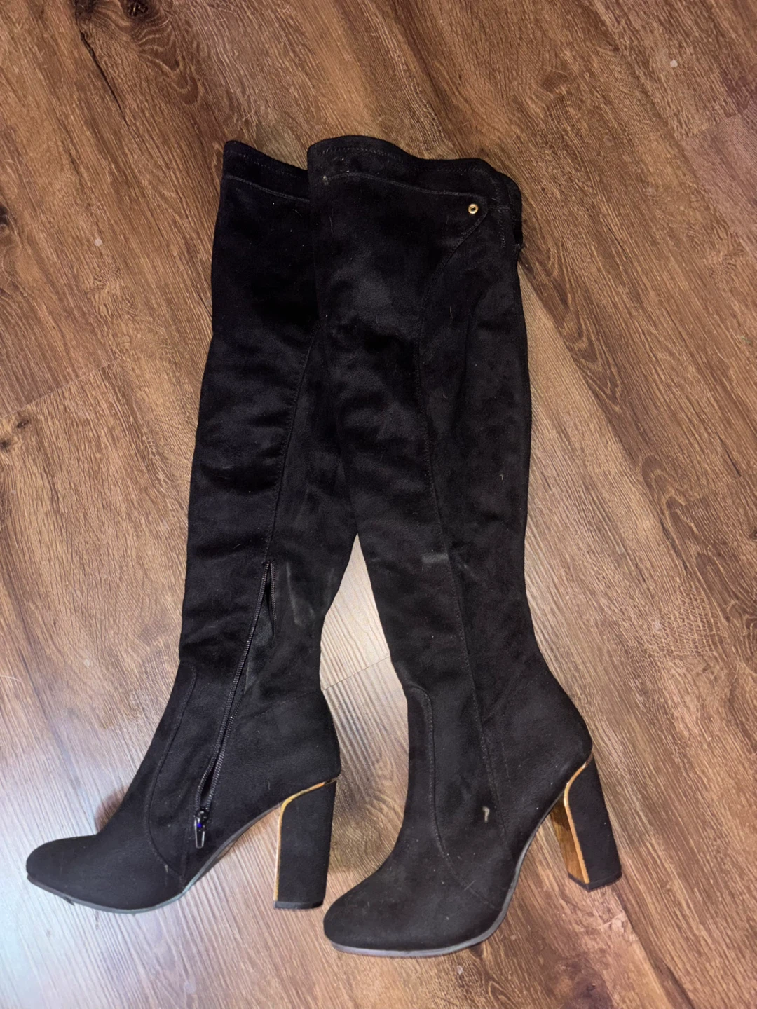 Fashion nova Black Suede Heeled Boots with Gold Accents