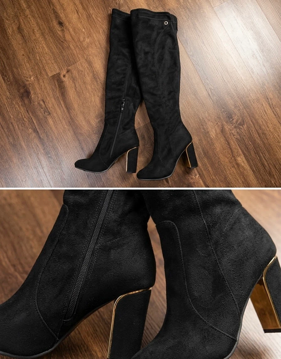 Fashion nova Black Suede Heeled Boots with Gold Accents - photo 3