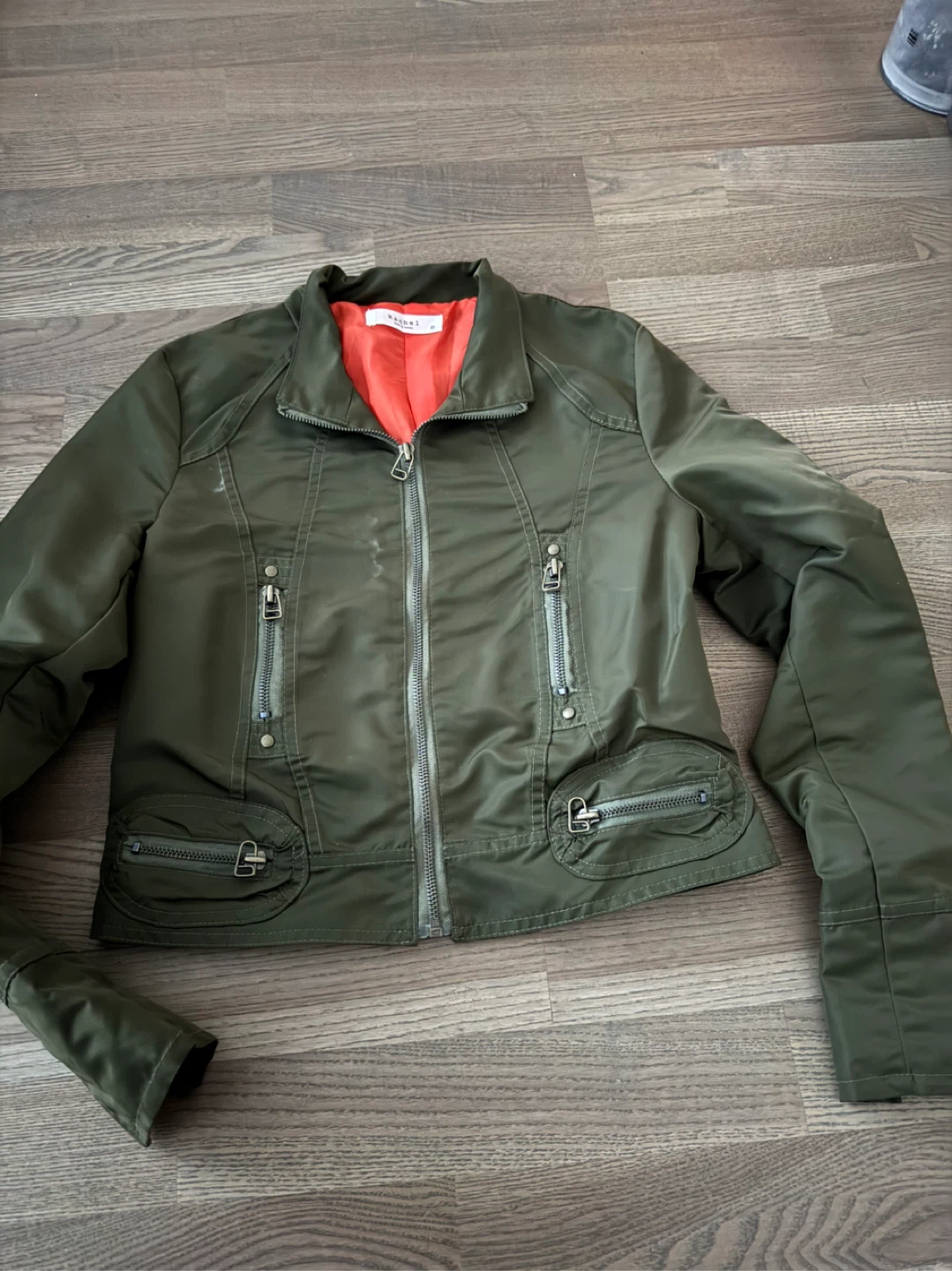 Designer’s Edgy Utility Moto Jacket with Pop of Orange Lining 🖤🔥