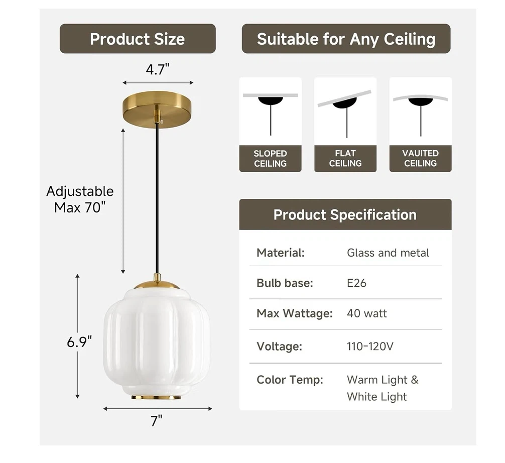 IPEDWO 7" Vintage Milk Glass Pendant Light - photo 3