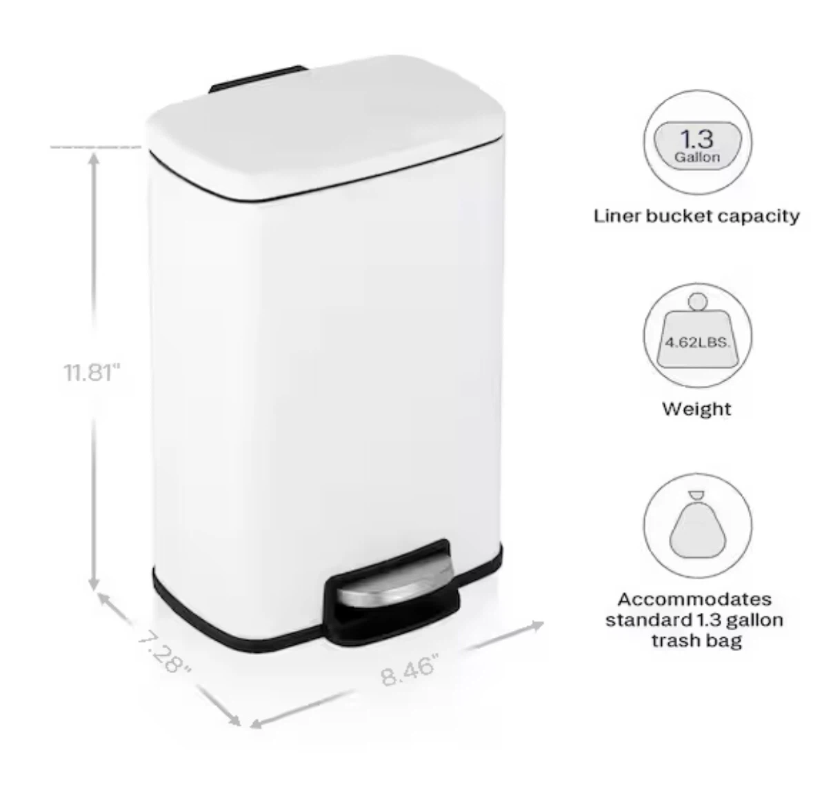 1.3 Gal / 5L White Rectangular Step Trash Can with Lid & Inner - photo 3