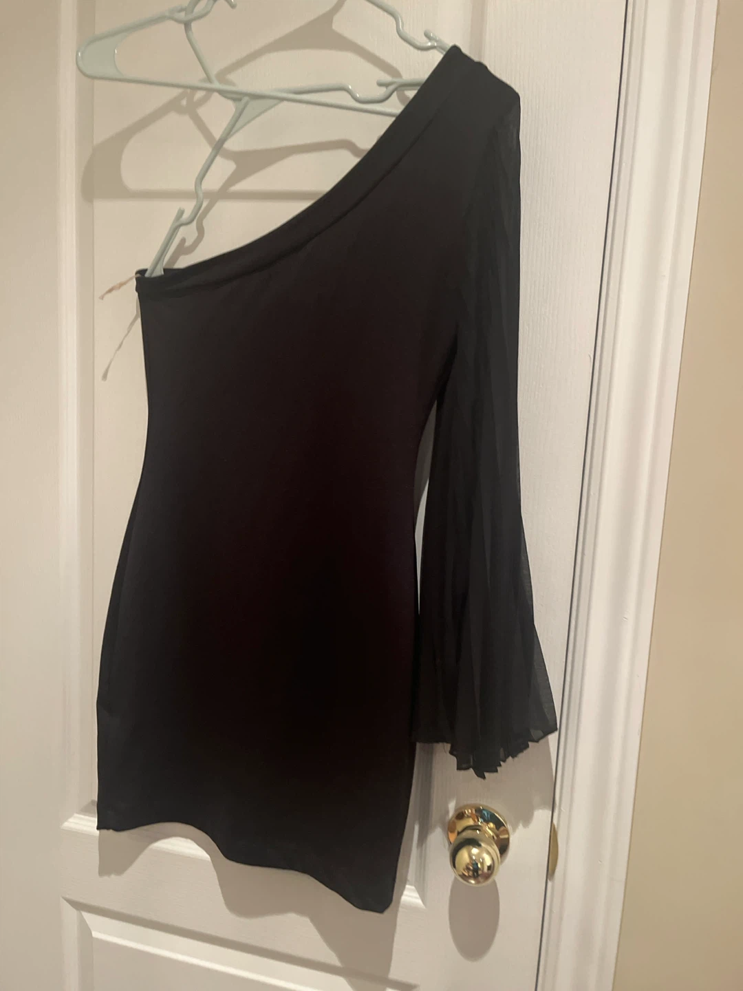 Black One-Shoulder Dress with Pleated Sleeve - photo 2