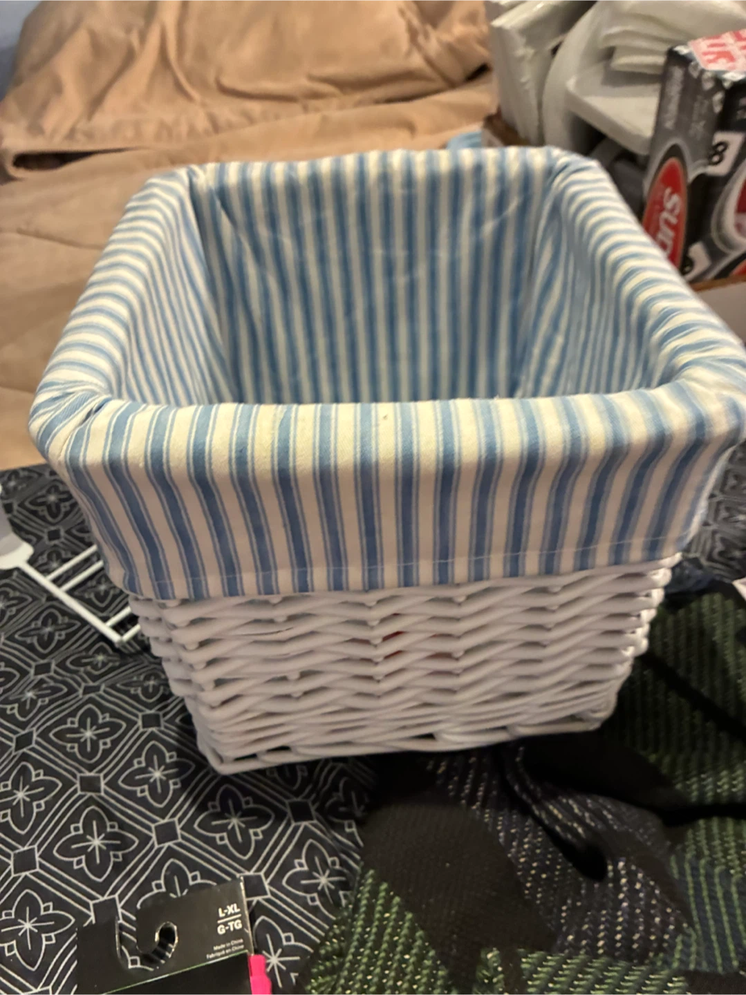 White Wicker Storage Basket with Blue Striped Liner