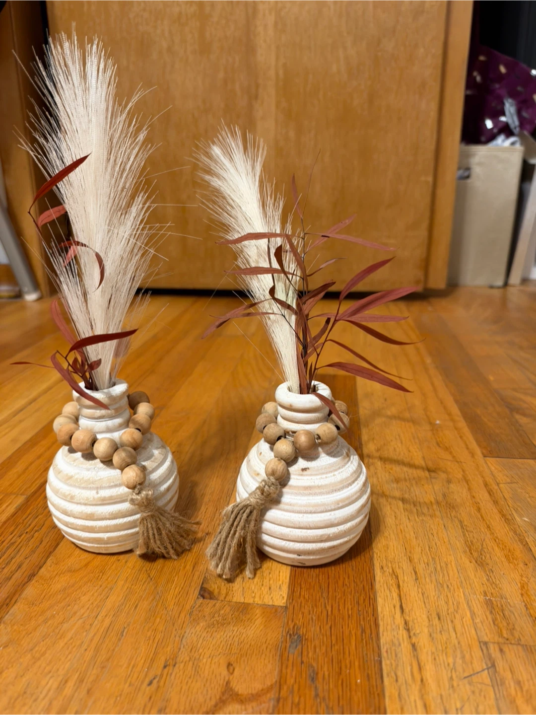 Set of Two Decorative White Vases with Wood Beads